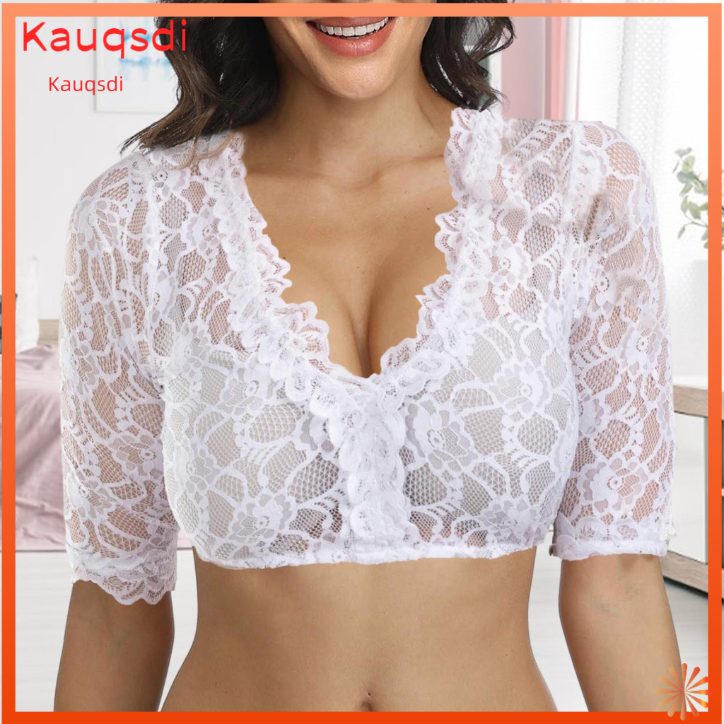 Elegant Lace Shirt Women Short Women’s V-neck Embroidery See-through Half Sleeve Slim Fit Cropped Top Solid Color Styl