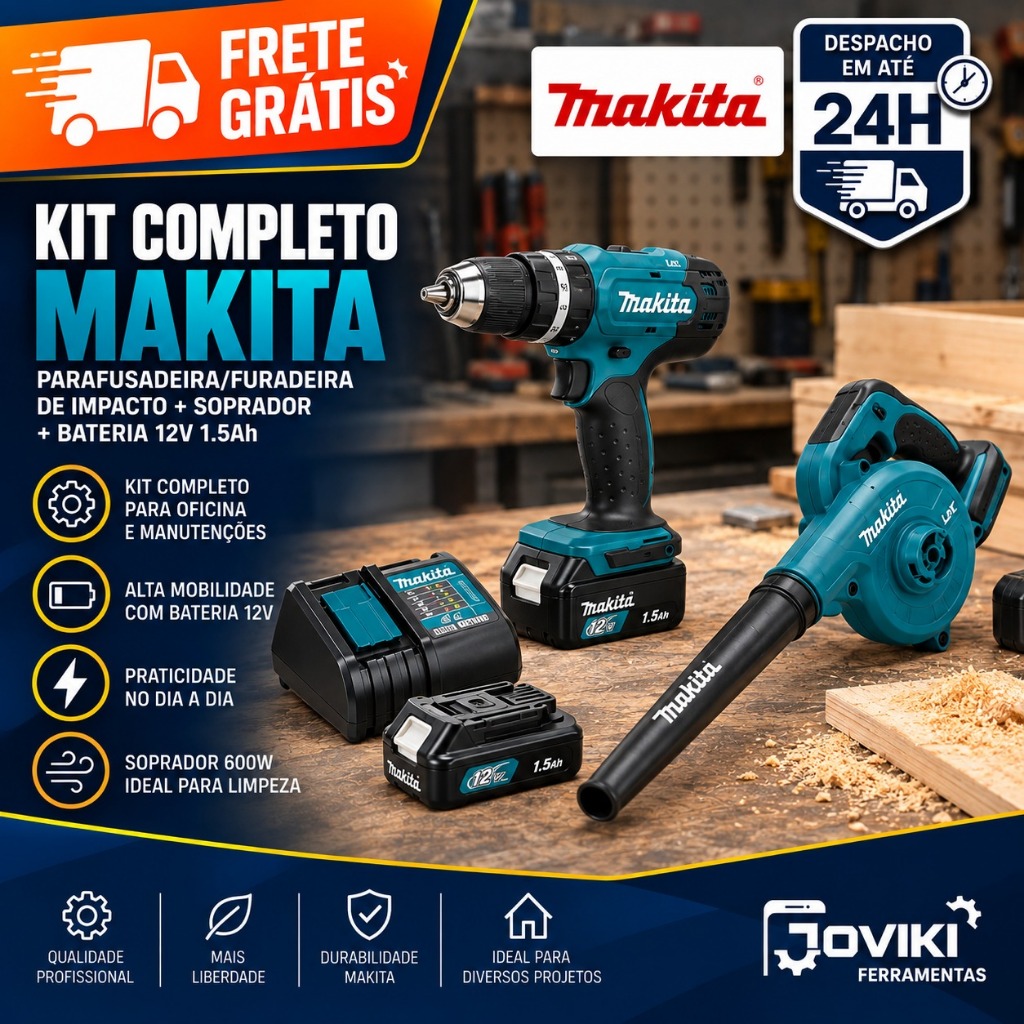 Parafusadeira/Furadeira de Impacto à Bateria 12V + Soprador à Bateria 600W + Bateria 12V 1.5Ah - Makita