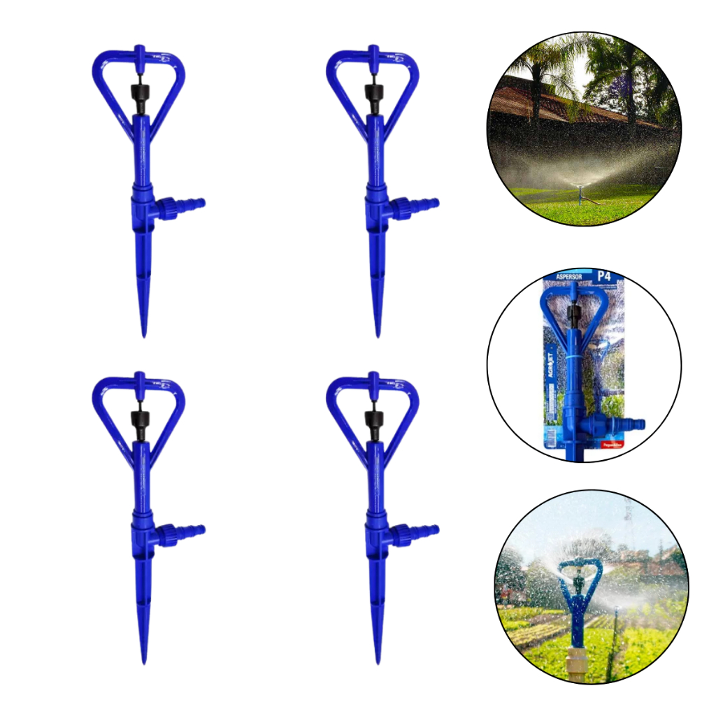 Kit 4 Aspersor P4 Estaca Para Horta Jardim Grama Com Adaptador Mangueira Agrojet Irrigação