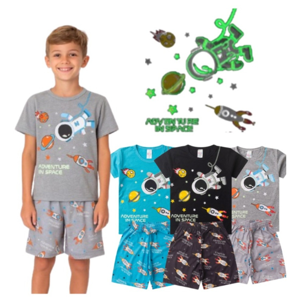Pijama Infantil Masculino Algodão Menino Brilha No Escuro Verão Adventure Space Hey Kids