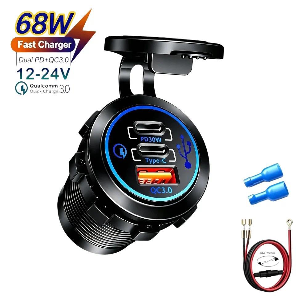 12V 24V À Prova Dwaterproof Água 3 Portas PD30W Tipo-C Dupla USB Tomada De Carregamento Rápido Motocicleta Barco RV ATV