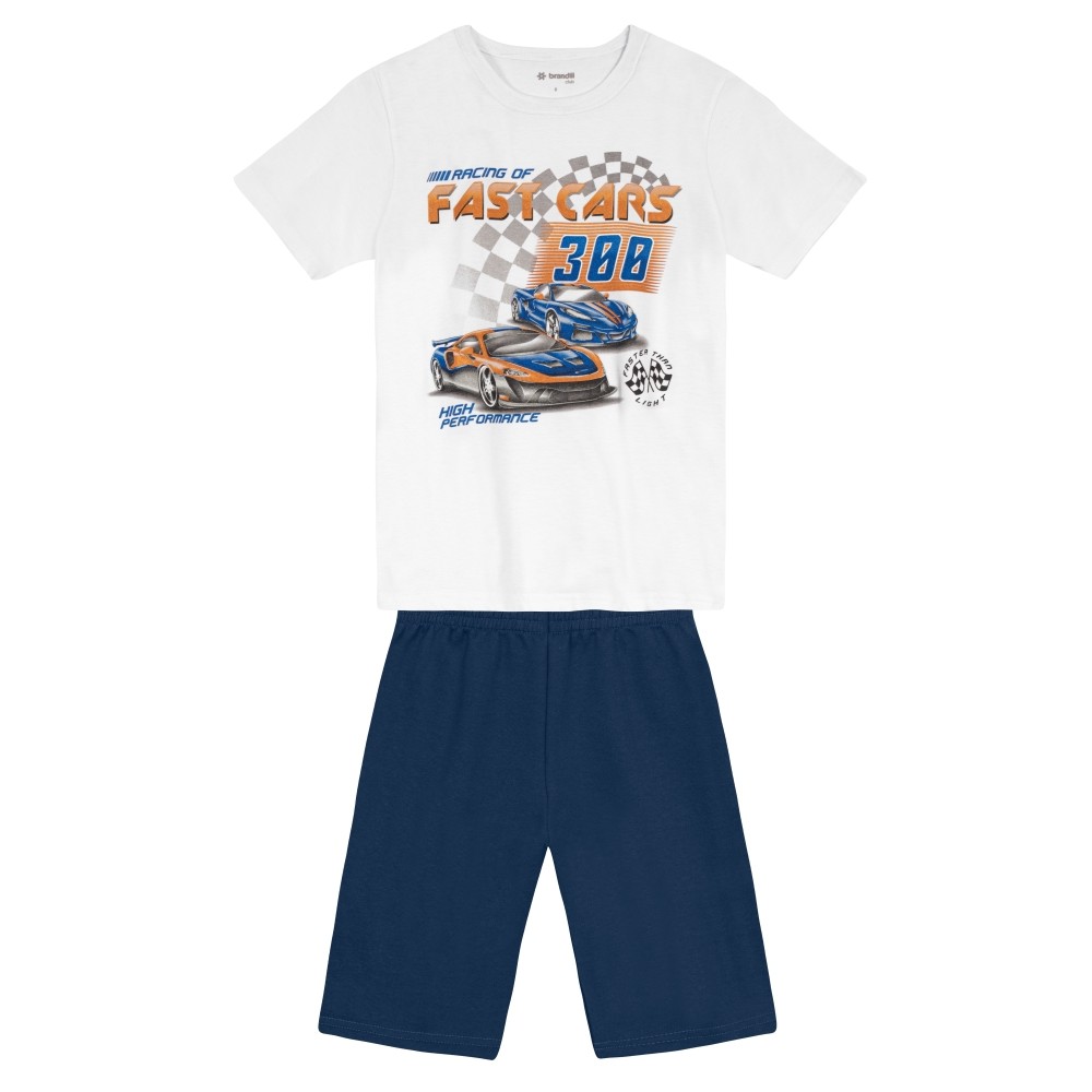 Conjunto Infantil Menino Brandili Com Bermuda Azul Marinho e Camiseta Branca Fast Cars