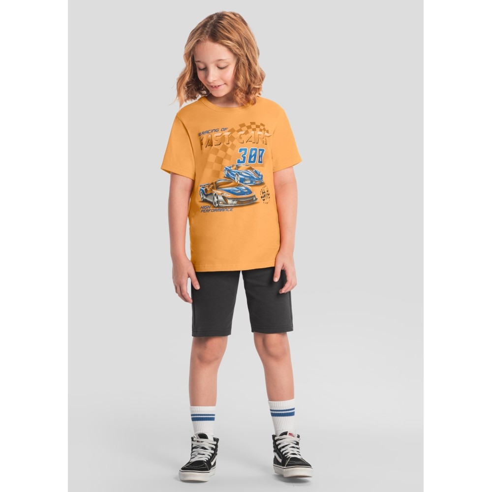 Conjunto Infantil Menino Brandili Com Bermuda Cinza e Camiseta Laranja Fast Cars
