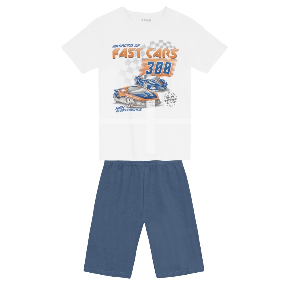 Conjunto Infantil Menino Brandili Com Bermuda Azul e Camiseta Branca Fast Cars
