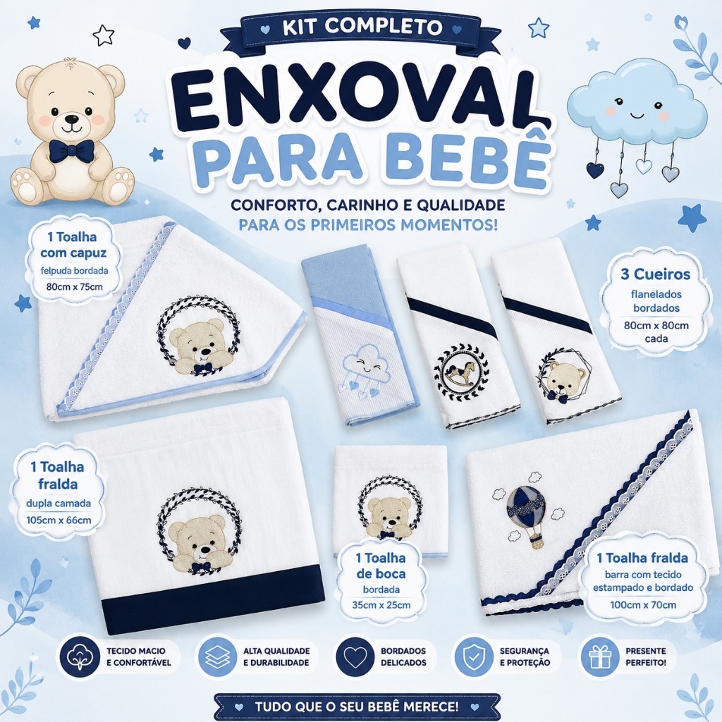 Kit Enxoval Bebê Menino 7pçs Azul 3 Cueiros + Jogo De Toalhas Infantil Recem nascido