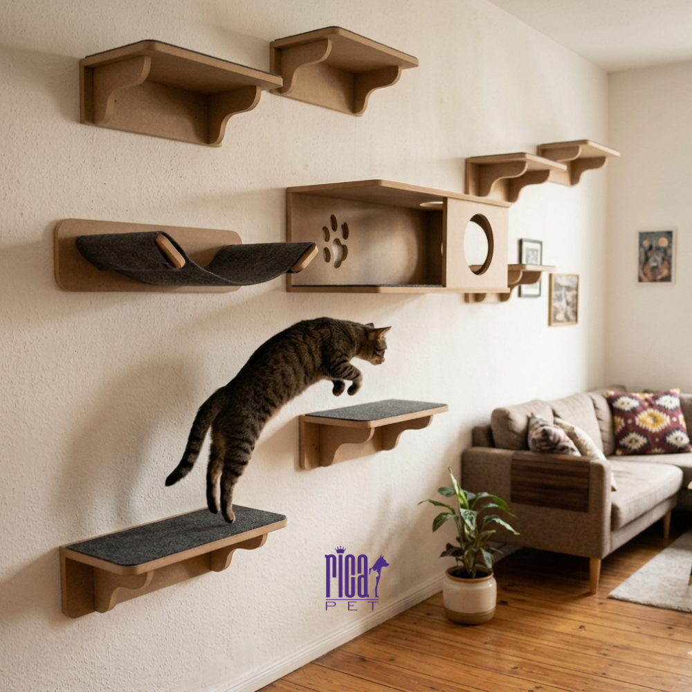 Kit Playground Gatos Grande Reforçado Parede Montado 7pçs Andares Arranhador Acolchoado suspenso