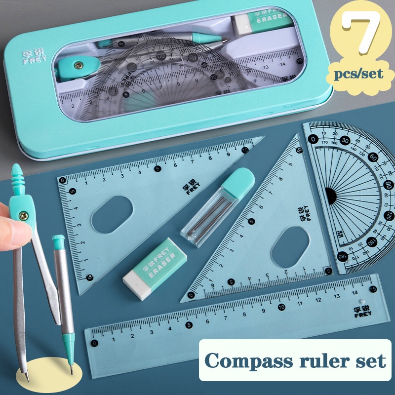 7Pcs/Lote Conjunto Régua Kawaii Kit De Desenho Geométrico Apagador Para Costas Da Escola De Bússola Material Escolar 2022 Papelaria
