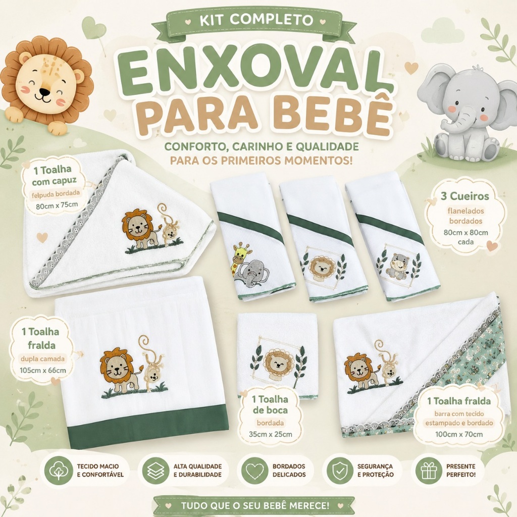 Kit 7 Peças Enxoval Bebê Bordados Tema Safari Infantil (Cueiros, Jg De Toalha, Fraldinha) Cor Verde