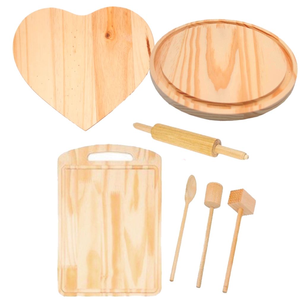 NOVIDADE 5,5 KIT CASA NOVA 7pçs com Tábuas e Utensílios de Cozinha de Madeira Natural
