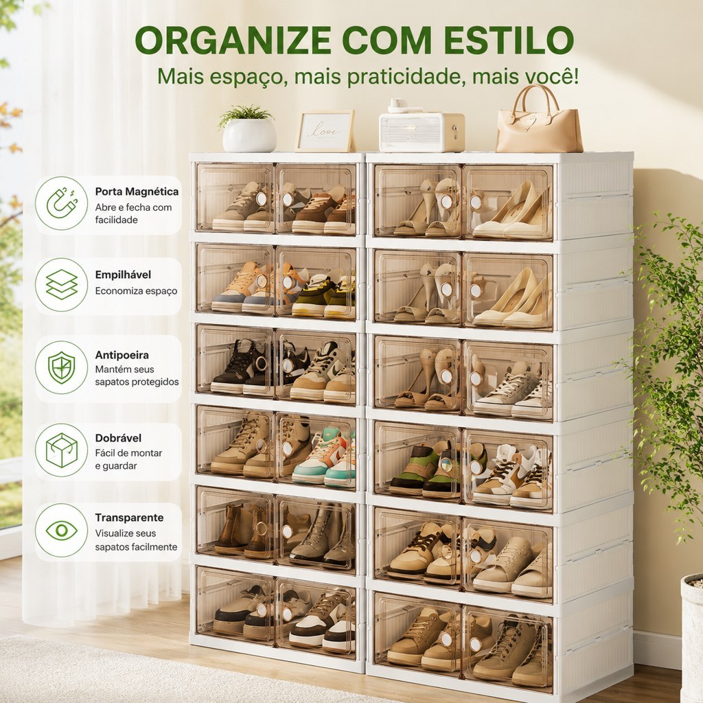 Foldable Transparent Shoe Storage Box with Magnetic Door Stackable Dustproof Shoe Organizer for Closet