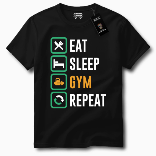 Camisetas Masculinas Com Estampa Eat Sleep Gym Repeat Tecido Premium 100% Algodão