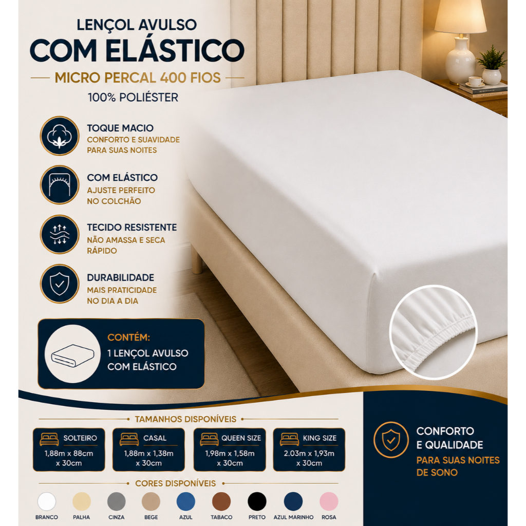 Lençol Avulso c/ Elástico - 400 Fios Sleep Cama Box / Vários Tamanhos