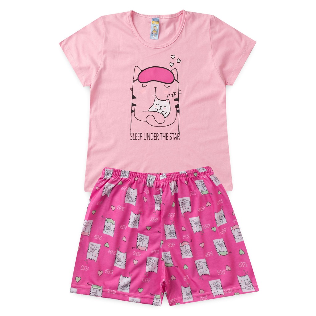Pijama Infantil Feminino Verão Sleep Cat - Hey Kids - Rosa