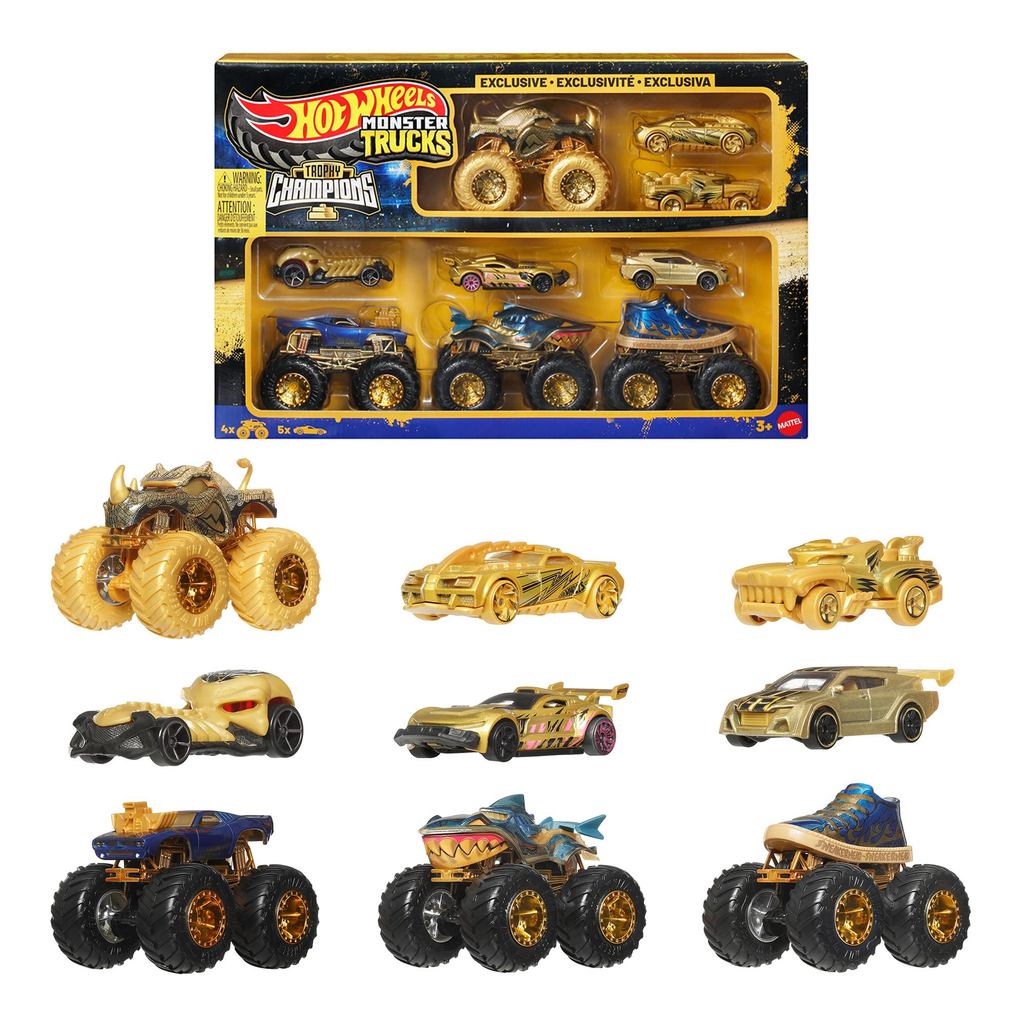 Hot Wheels Monster Trucks Trophy Champions Multipack, Vehicle Toys, Includes 4 Monster Trucks and 5 Die-Cast Cars, 9 Veh