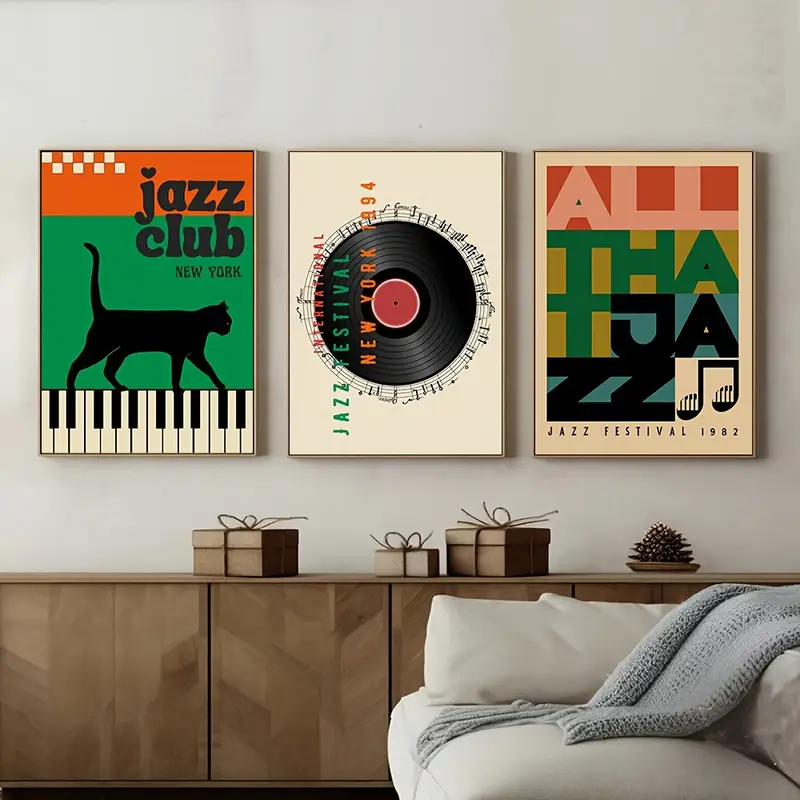 Kit 3 Quadros Jazz Club Vinil Gato Preto MDF Autocolante Decoração Retrô Música Antiga Piano Vinho