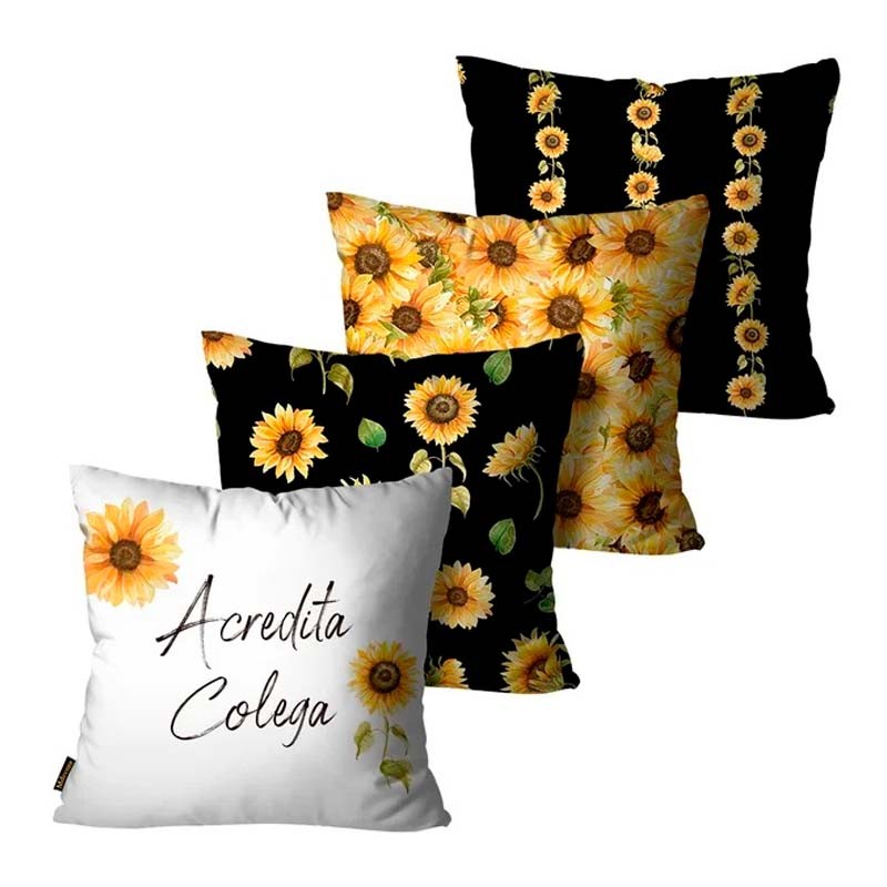Kit 4 Capas de Almofadas Girassol Preto e Amarelo - 45x45cm