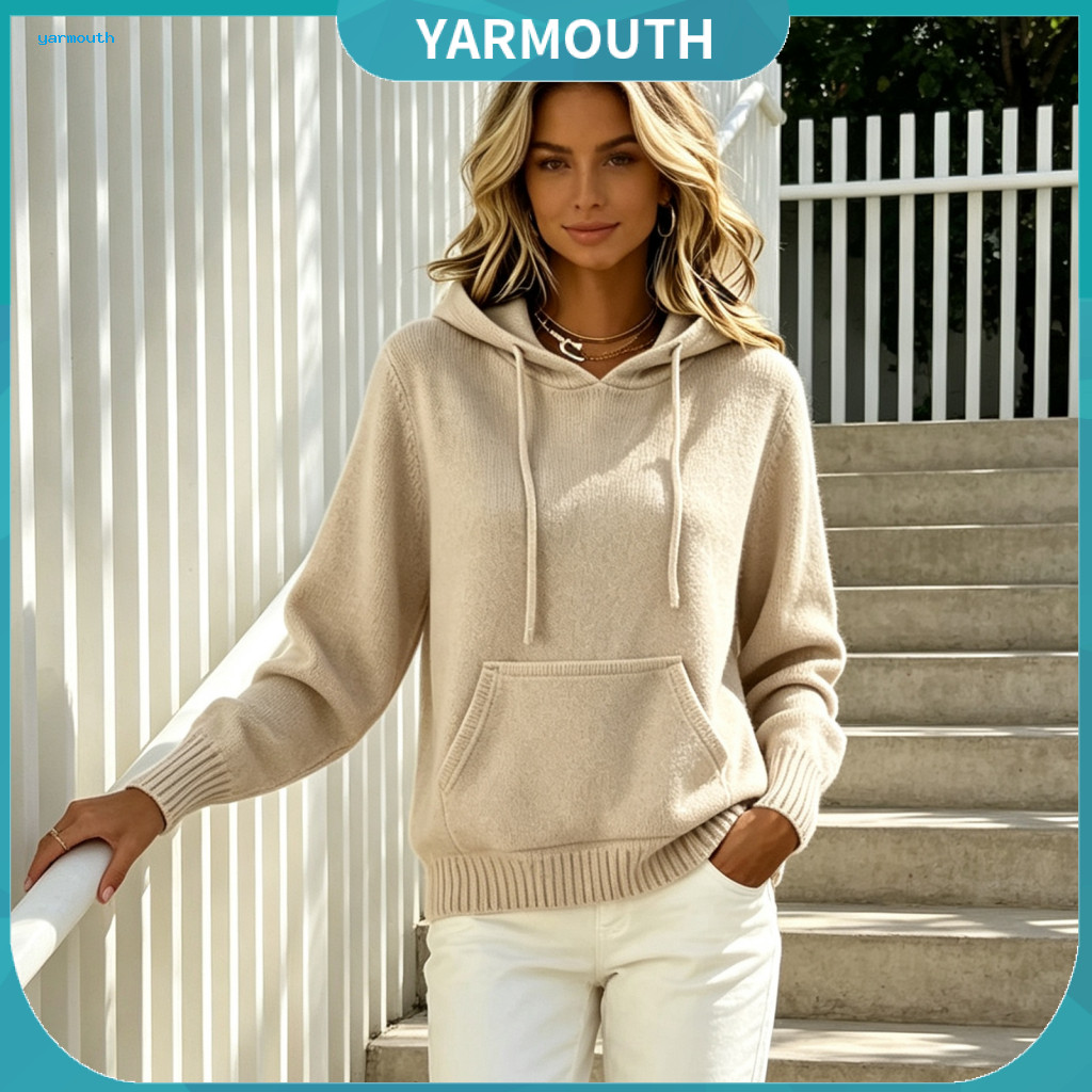 Women Pullover Sweater Knit Hoodie Women’s for Fall Winter – Long Sleeve with Front Pocket Solid Color Hooded Top Wa