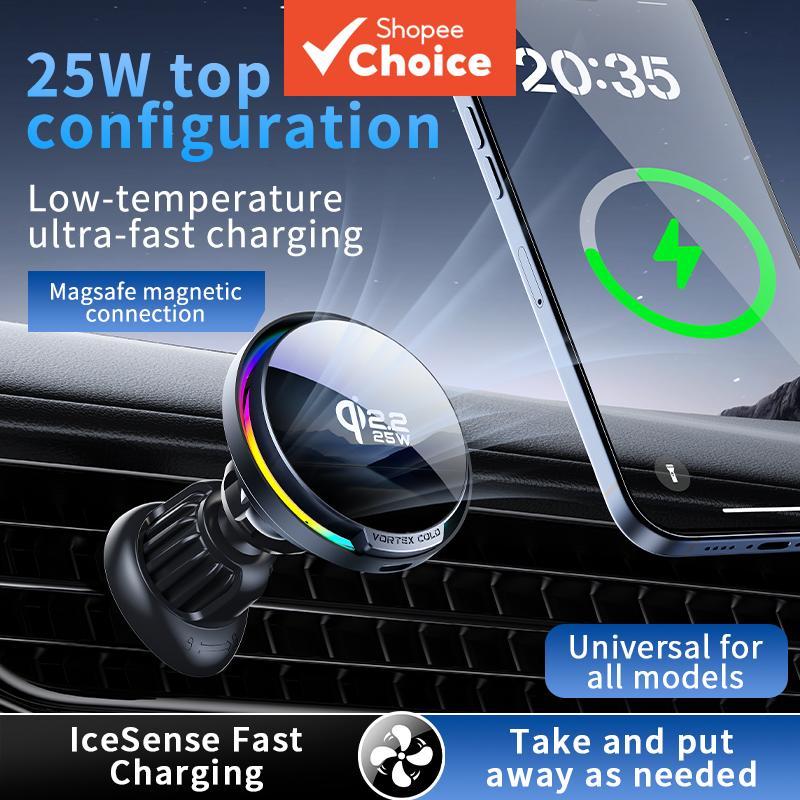 Qi2.2 Carregador Magnético Sem Fio Para Carro 25w Carregamento Rápido RGB Suporte Telefone Com Ventilação De Ar Iphone S