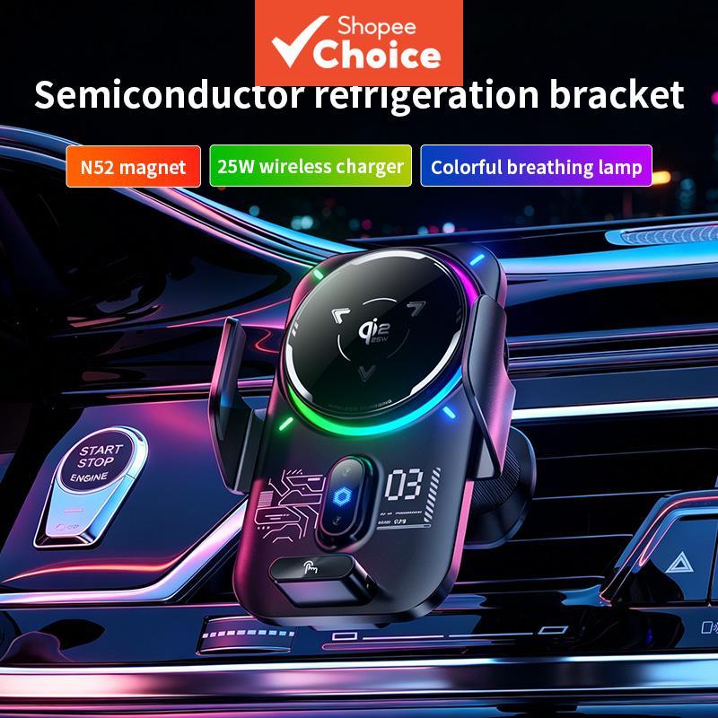 Suporte Magnético Sem Fio Para Telefone Carro 2 Em 1 Qi2 25w RGB Resfriamento Por Indução Automática