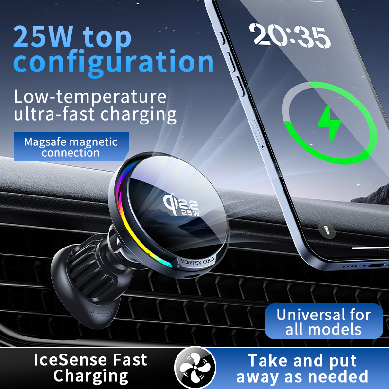 Qi2.2 Carregador Magnético Sem Fio Para Carro 25w Carregamento Rápido RGB Suporte Telefone Com Ventilação De Ar Iphone S