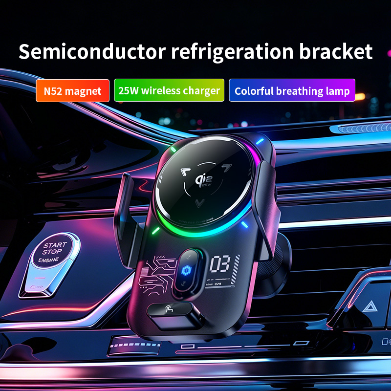Suporte Magnético Sem Fio Para Telefone Carro 2 Em 1 Qi2 25w RGB Resfriamento Por Indução Automática