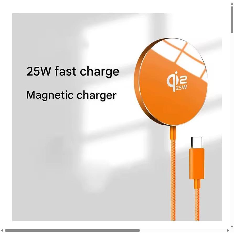Carregador Magnético Sem Fio Qi2 25W Carregamento Rápido iPhone 17 16 Pro Max AirPods Xiaomi Huawei - Laranja