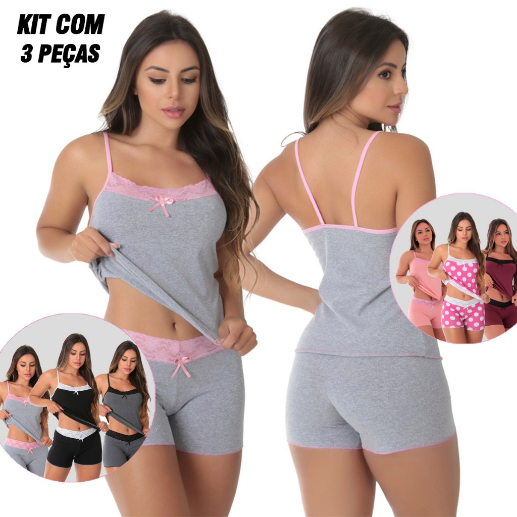 KIT 3 Baby Doll Algodão Pijama Feminino Mali Kit Pijamas