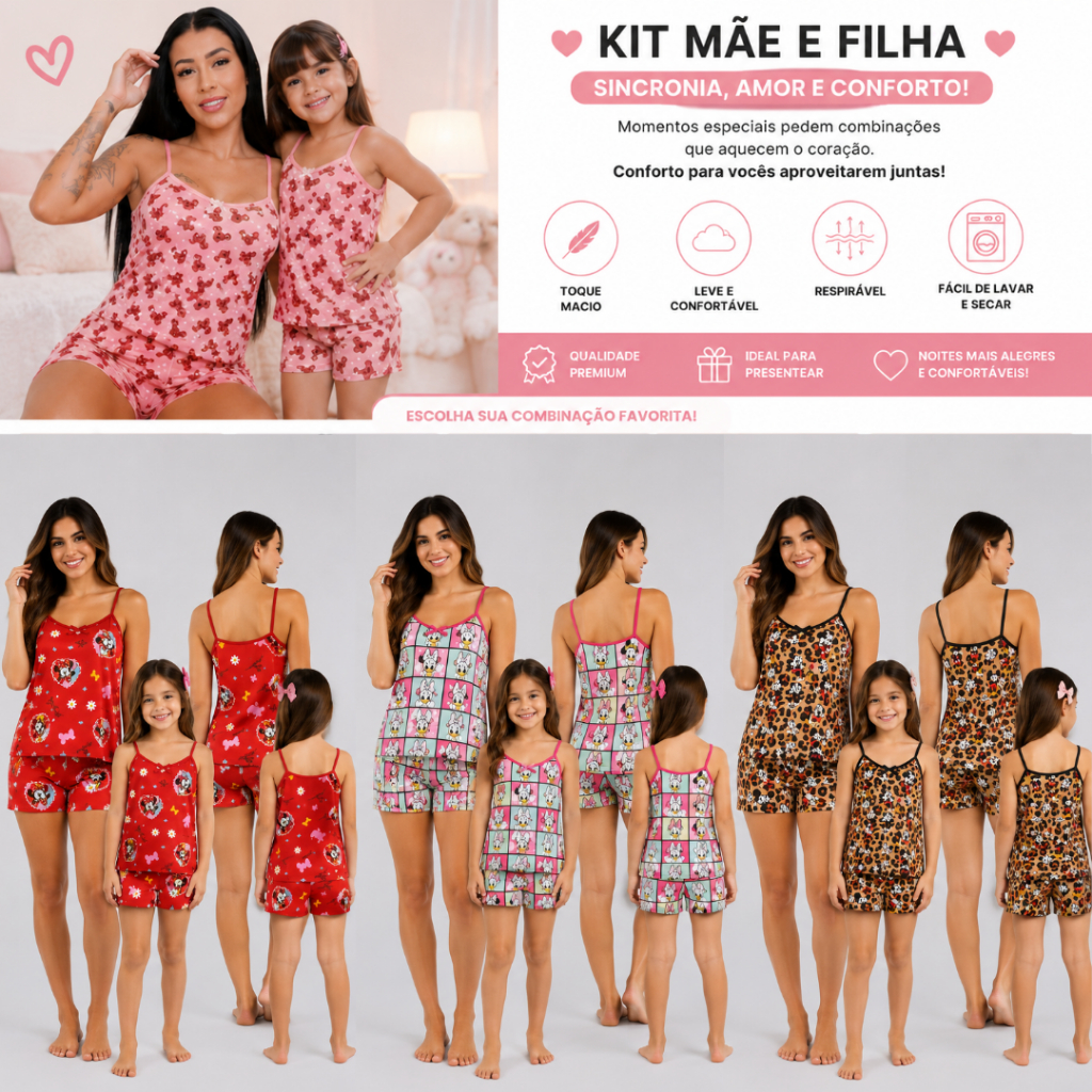 Kit Pijama Mãe e Filha Short Doll Feminino Alça Confortável Estampado Conjunto Combinando Verão