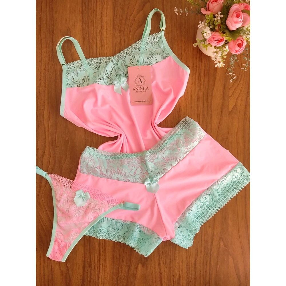 KIT Baby Doll Bicolor + Calcinha - Babaloo com Aquaril