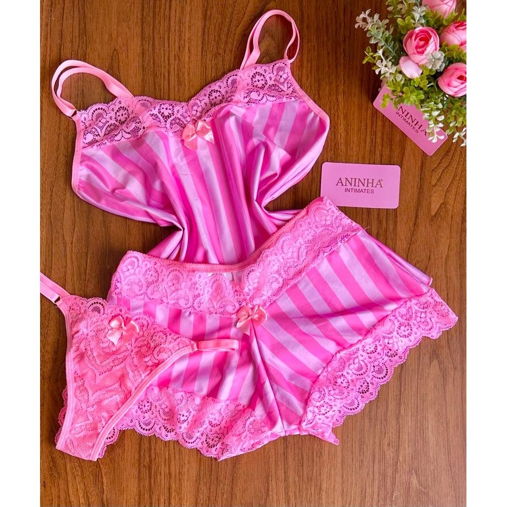 KIT Baby Doll Estampado + Calcinha - Listras Rosa Babaloo