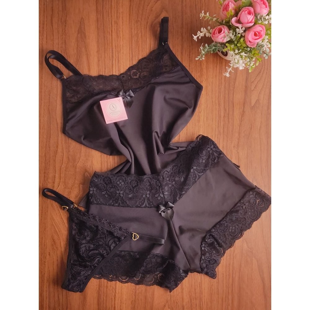 KIT Baby Doll Color + Calcinha - Preto