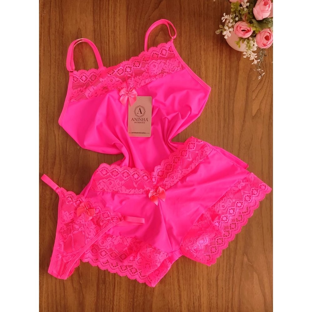 KIT Baby Doll Color + Calcinha - Rosa Neon