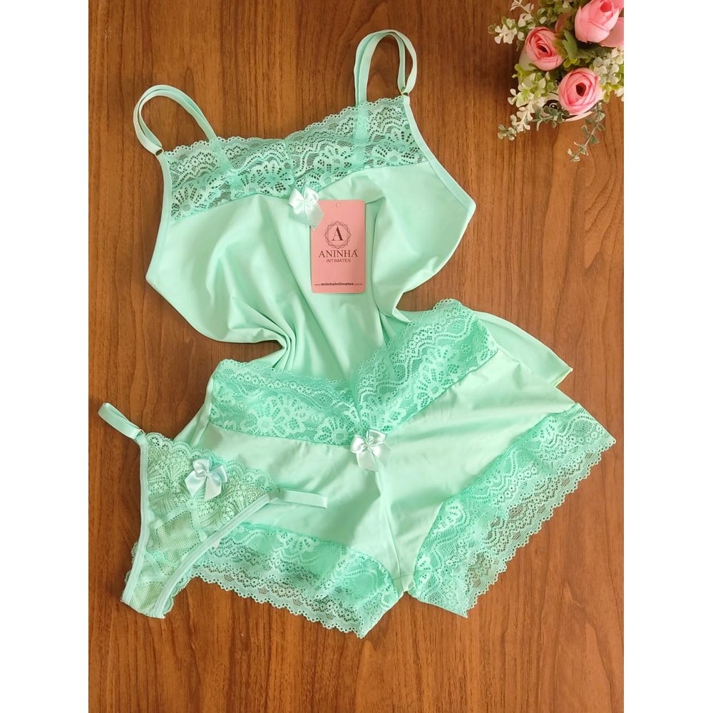 KIT Baby Doll Color + Calcinha - Verde Aquaril