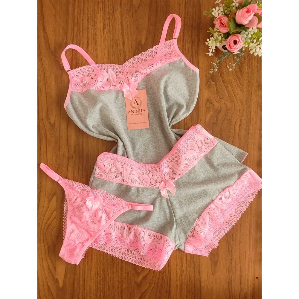 KIT Baby Doll Cotton + Calcinha - Mescla com Rosa Babaloo