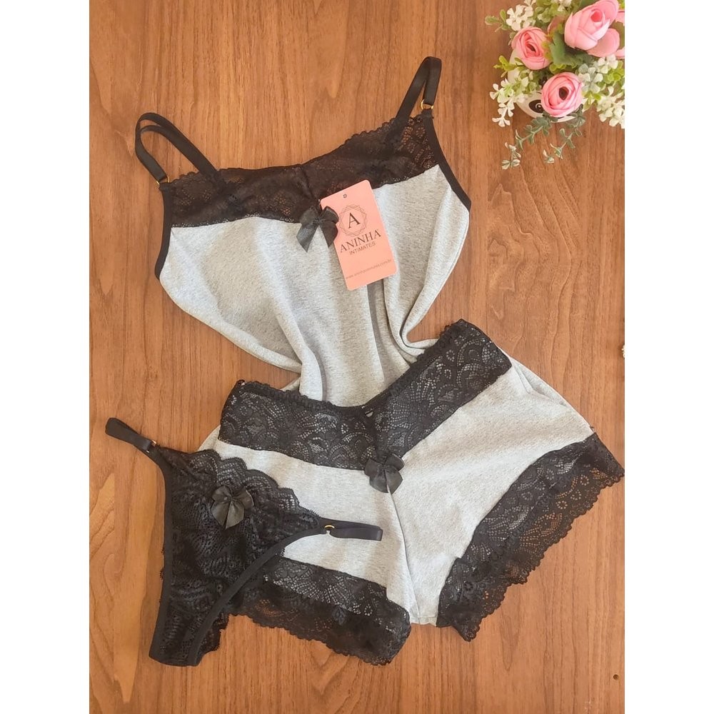 KIT Baby Doll Cotton + Calcinha - Mescla com Preto