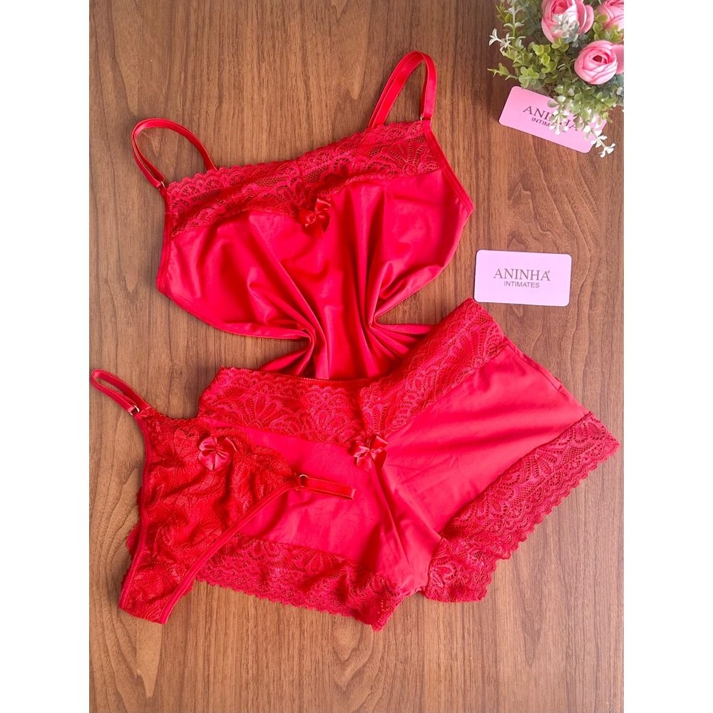 KIT Baby Doll Color + Calcinha - Vermelho