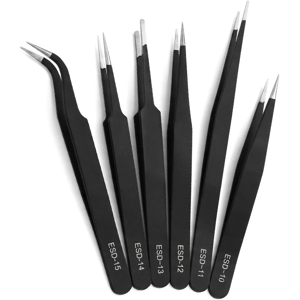 Rackii 6-Pcs Precision Tweezers Set, ESD Safe Stainless Steel Fine Tip | Non-Magnetic Anti-Static Curved & Straight Tool