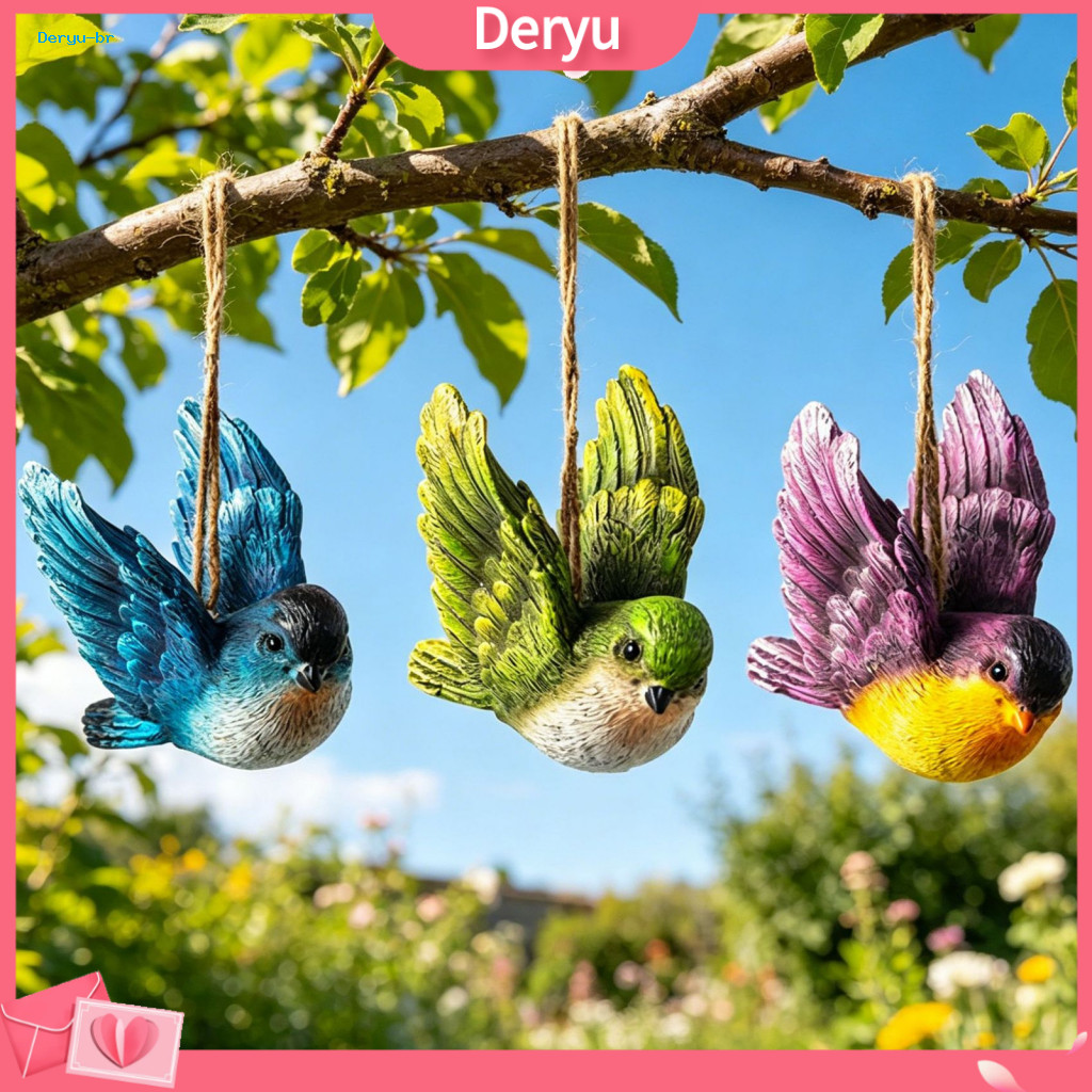 Outdoor Bird Hanging Decor Garden Resin Ornaments 3pcs Hand-painted with Jute String – Weatherproof Patio for Trees