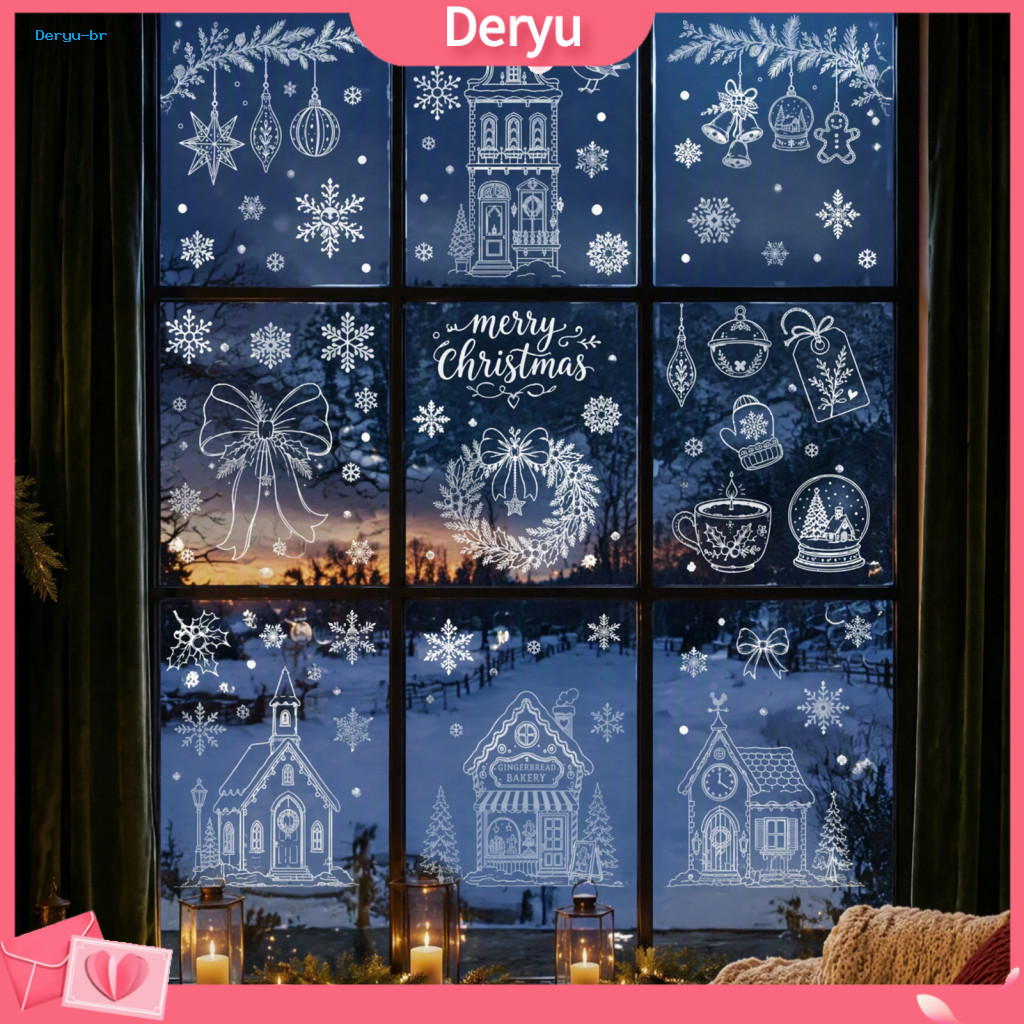 Christmas Party Window Ornaments 9pcs Clings Reusable Static Glass Stickers White Hand-painted Snowflake House Patterns
