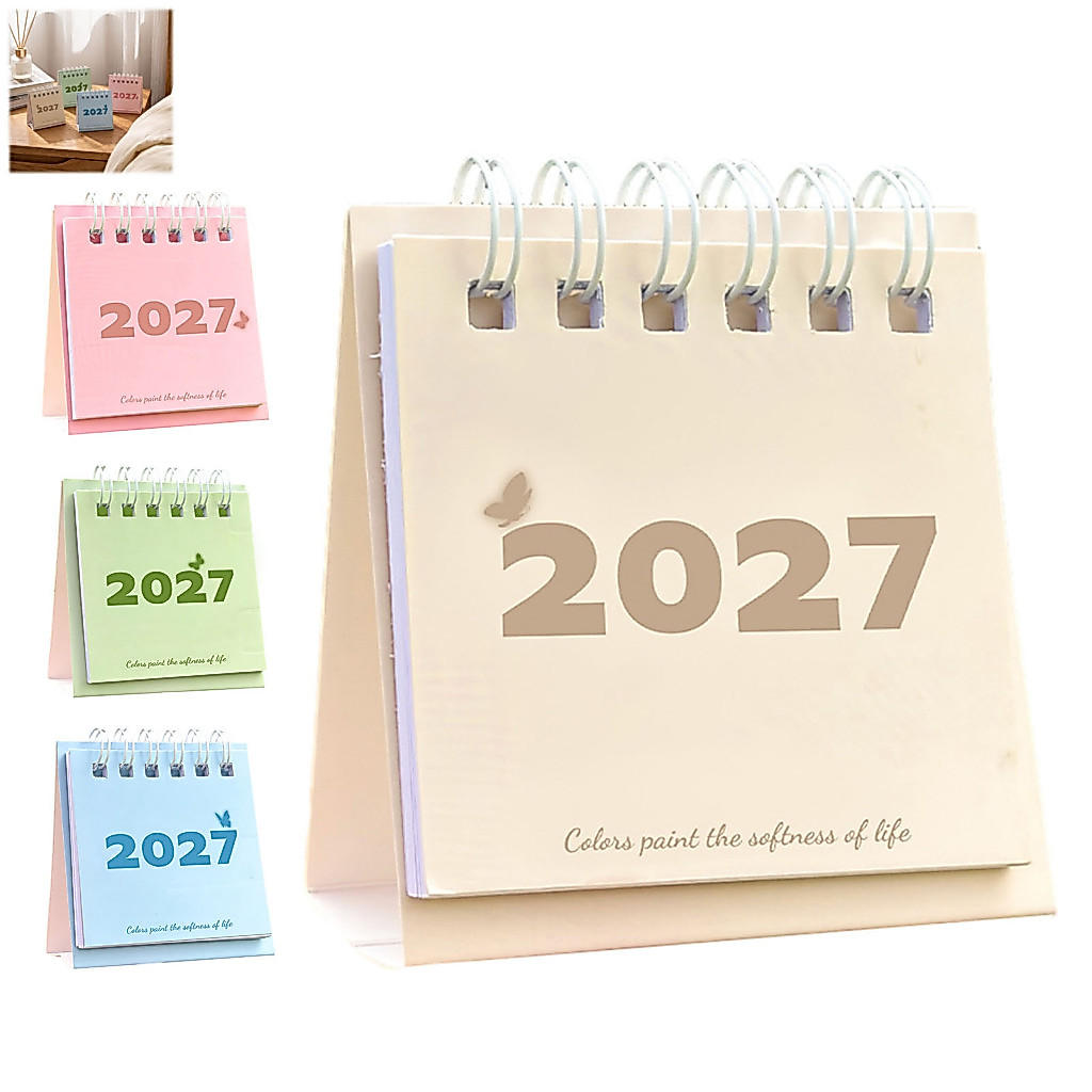 Compact Note Taking Planner Small Desk Calendar 2027 Mini Standing Flip Desktop with Twin-wire Binding 12 Monthly Pages