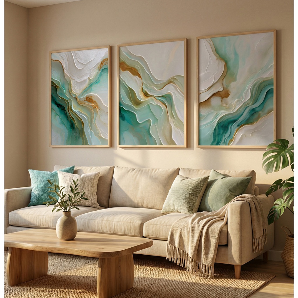 Quadro Abstrato Moderno Para Sala Quadro Decorativo Grande Com Moldura Líquido Verde Dourado Trio