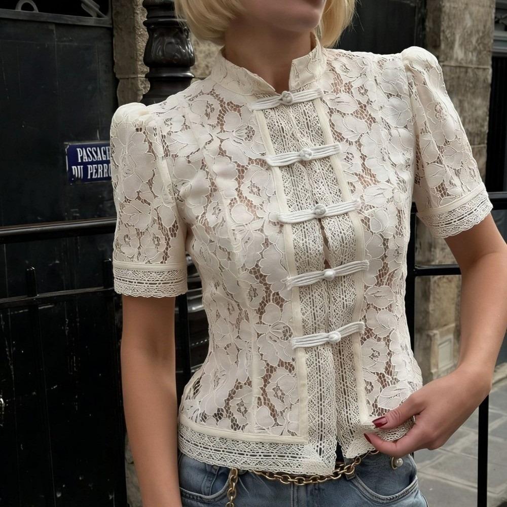 Camisas Estampadas De Renda FTARLY , Blusa Vazada De Ajuste Fino , Tops De Camisa Feminina Com Botão De Sapo Estilo Chin