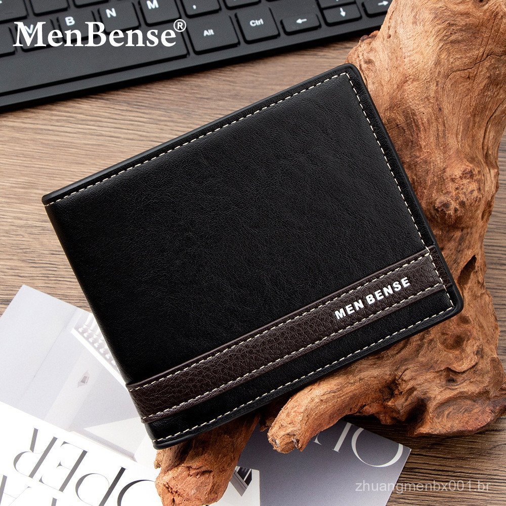 Carteira Masculina Curta em Patchwork Elegante com Dobradiça, Design Tri-fold, Bolso Lateral com Zíper para Moedas, Múlt