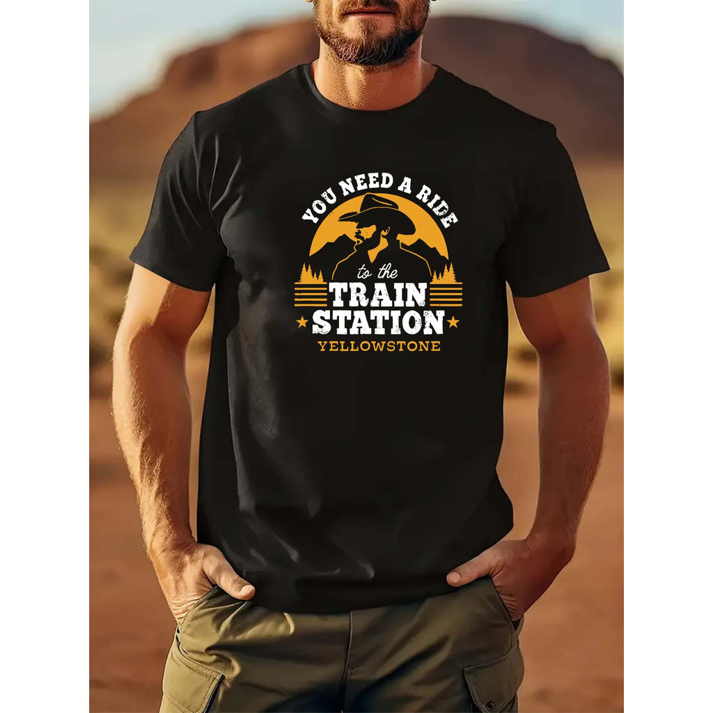 Camiseta 2026 T-shirt Sports Casual Polyester Blend Yellowstone Train Station Design Graphic Confortável Moderna Estilos
