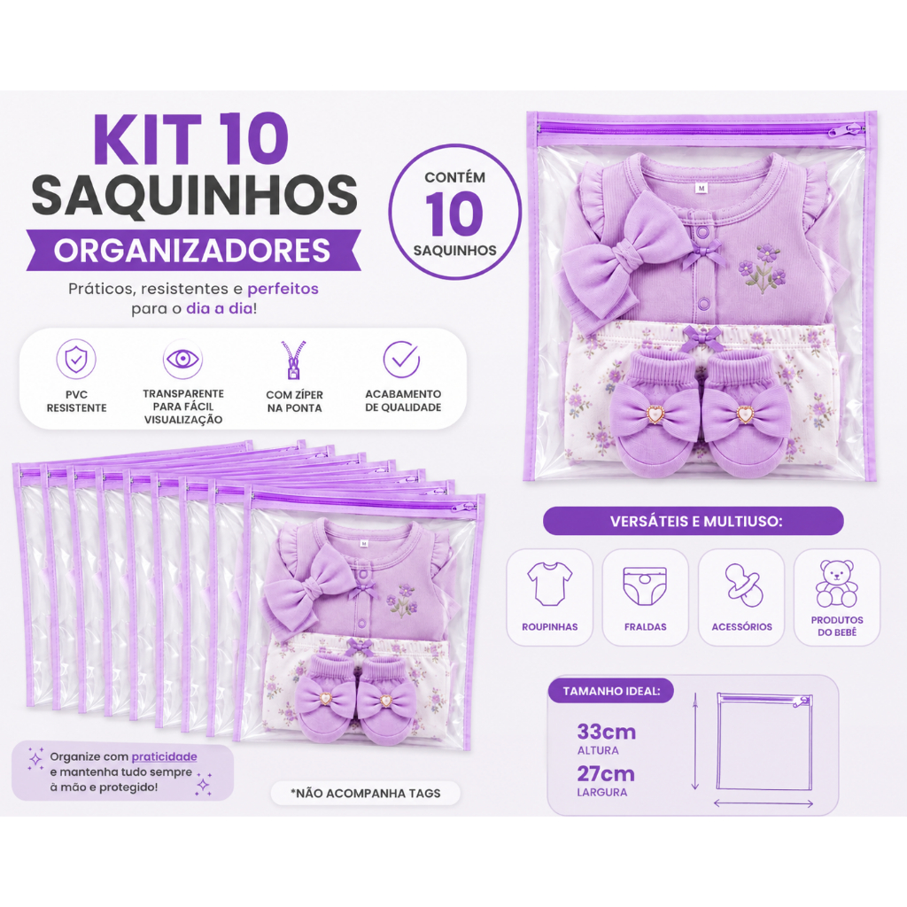 Kit 10 Saquinhos Maternidade Multiuso Organizador Nécessaire Envelope Com Zíper