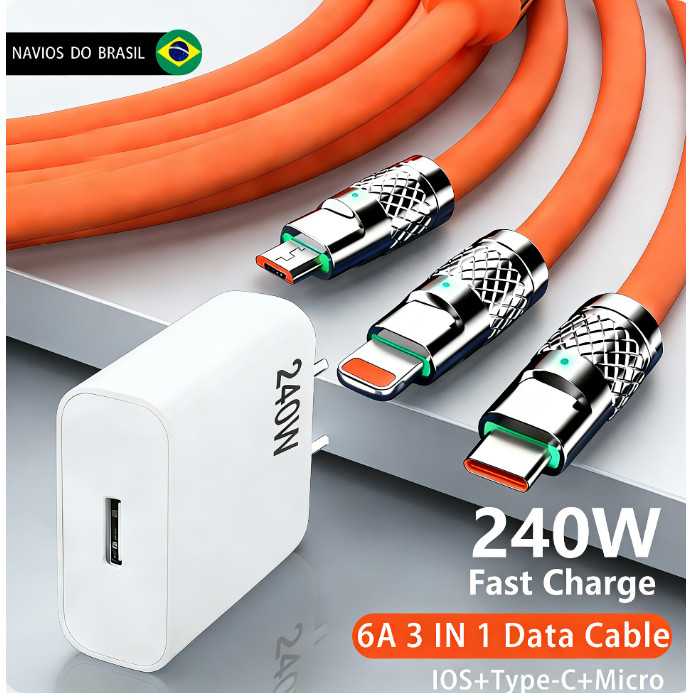 Cabo De Dados De Super Carregamento 3 Em 1 Micro USB Tipo-C iOS Multi-Port 240W Cabos Adaptadores Para Carregadores Rápi
