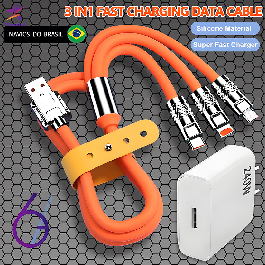 Cabo De Dados De Super Carregamento 3 Em 1 Micro USB Tipo-C iOS Multi-Port 240W Cabos Adaptadores Para Carregadores Rápi