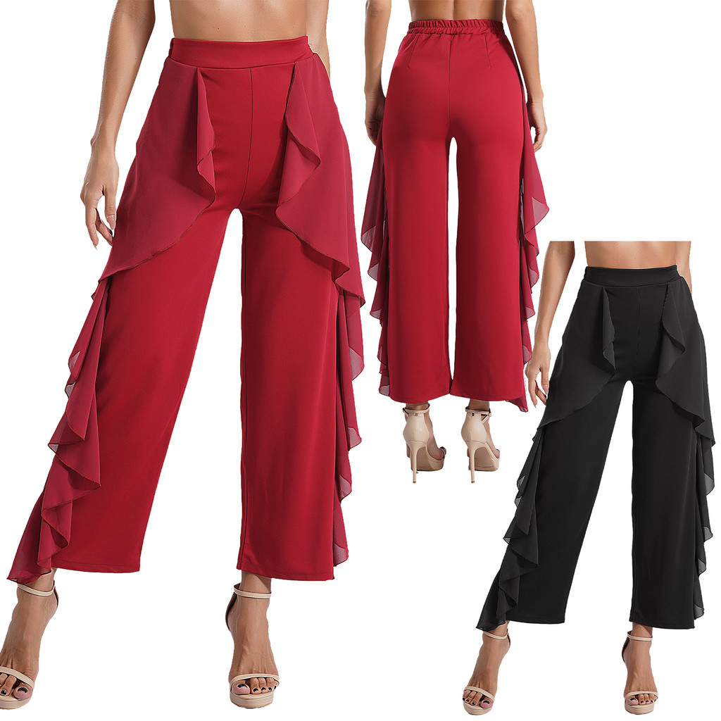 inhzoy Womens Ruffled Drape Dance Pants High Waist Wide-Leg Trousers for Dance Stage Performance