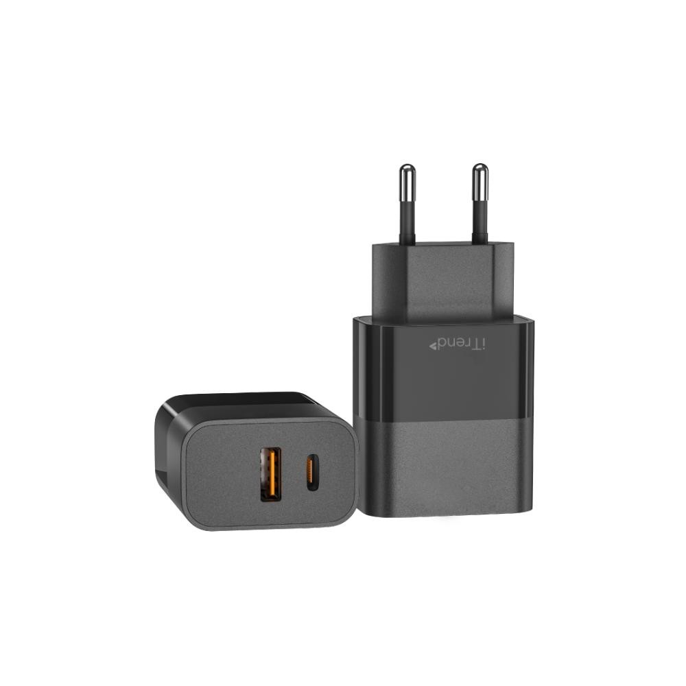 Carregador De Parede ITREND USB-A + USB-C 25W Quick Charge 3.0 PD Carregamento Rápido Preto