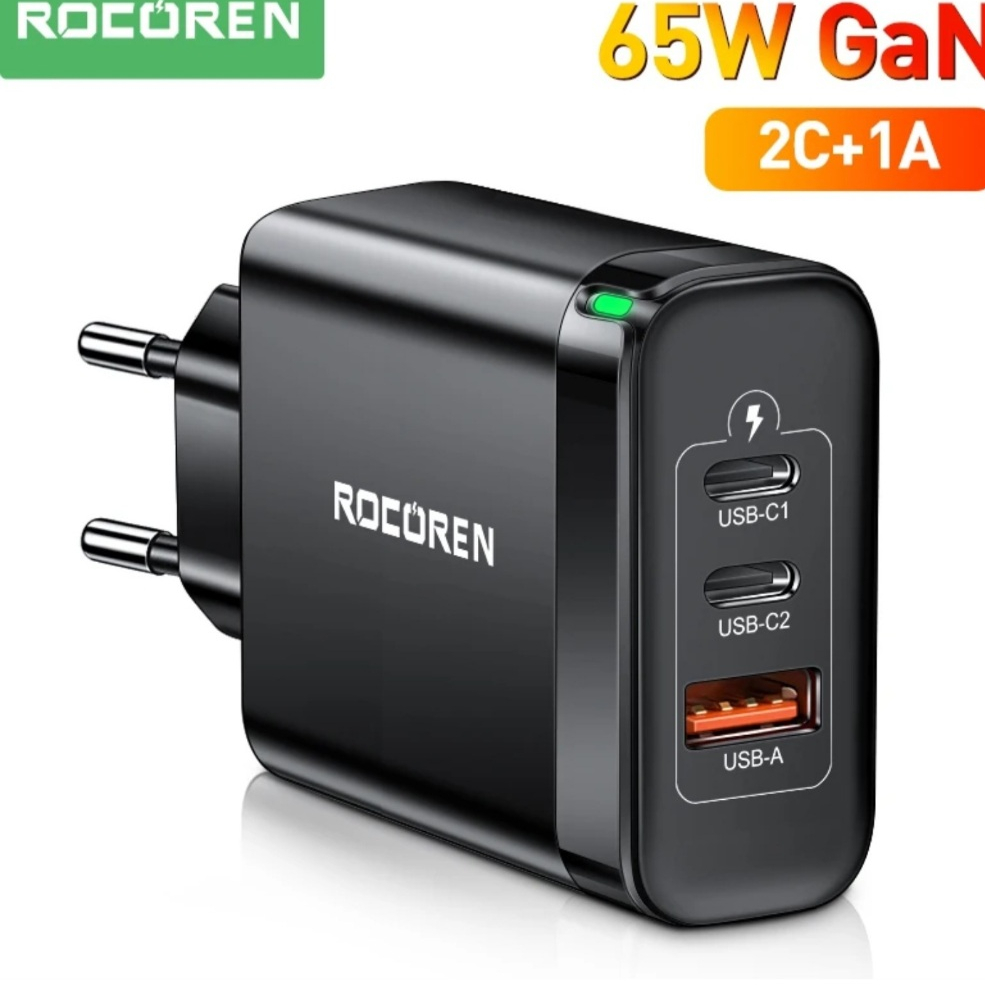 Carregador Rocoren GaN 65W Carga Rápida Power Delivery (PD, Quick Charge, FCP/SC, 60W 45W 30 25W, 20W (110V/220V Bivolt)